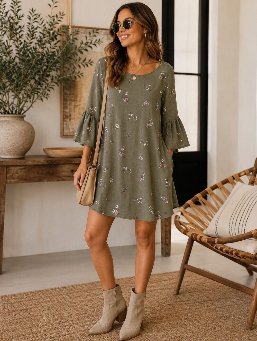 Vince Camuto Olive Green Floral Print Dress I Size 8 I Bell Sleeve